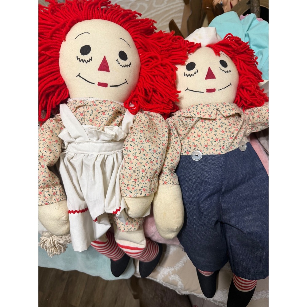Vintage Raggedy Ann and Andy Plush Rag Dolls Pair Red Yarn Hair 25 Inch Large